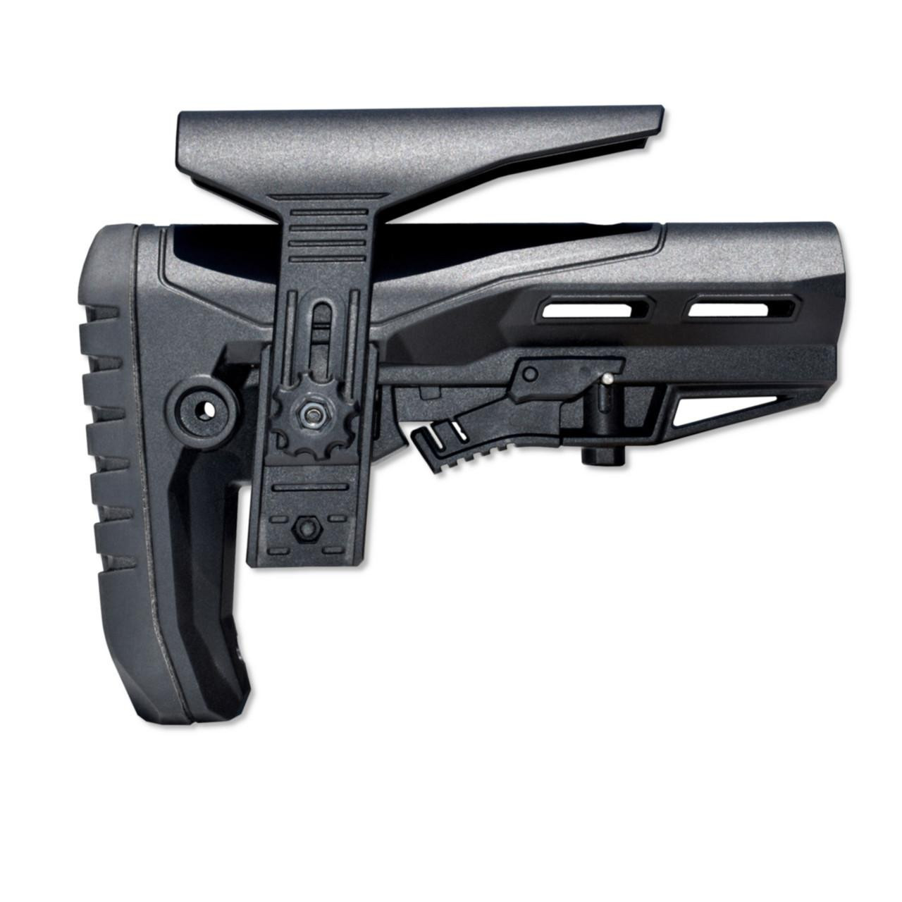 Presma AAST30 Mil-Spec Enhanced Stock with Polymer Cheek Riser + Screwed, Rubberized Recoil Pad, firearm stock with adjustable polymer cheek riser and rugged black finish