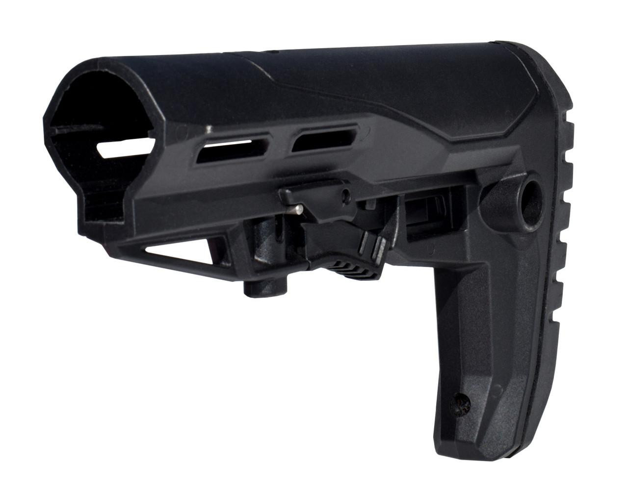 Presma AAST31 Mil-Spec Enhanced Stock with Screwed, Rubberized Recoil Pad, product image showing black tactical stock with adjustable recoil pad for firearms.