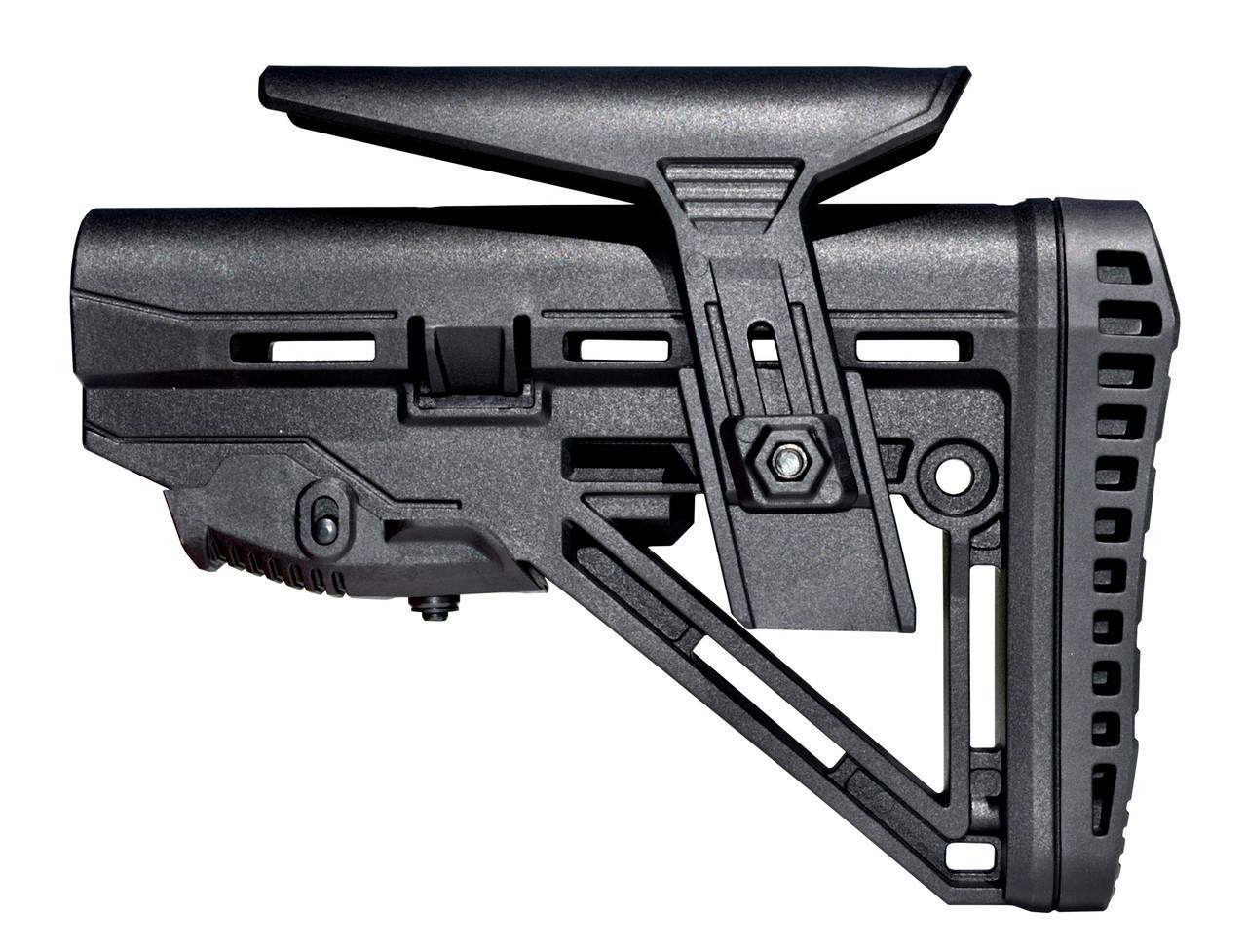 Presma AAST32 Mil-Spec Enhanced Stock - Advanced Recoil Dampener Suspension System with Polymer Cheek Riser, Screwed, and Rubberized Recoil Pad, in black finish.