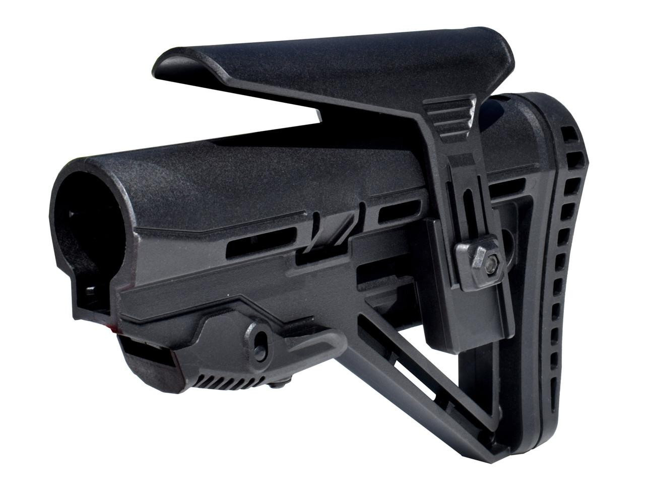 Presma AAST32 Mil-Spec Enhanced Stock, advanced recoil dampener suspension system with polymer cheek riser and screwed rubberized recoil pad, shown in black.