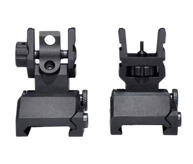 Presma Advanced Tactical Flip Up Front and Rear Backup Sight Set, Aluminum, image showing the front and rear sights with mounting bases and flip-up mechanisms.