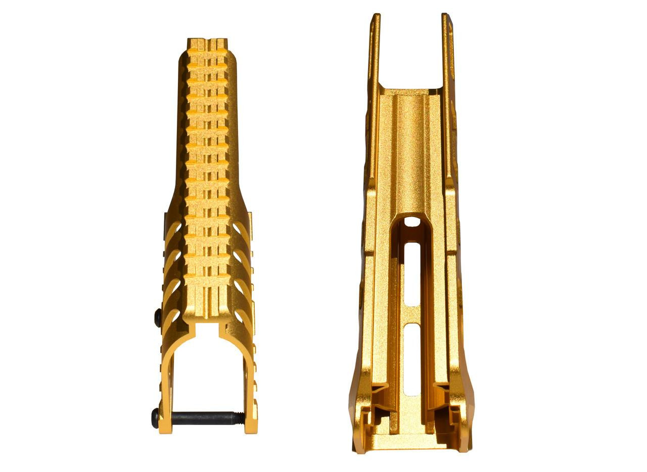 Presma Aftermarket Combo Set for Remington 870 12 gauge, saddle mount & forend in gold, aluminum construction, featuring detailed design for improved firearm performance.