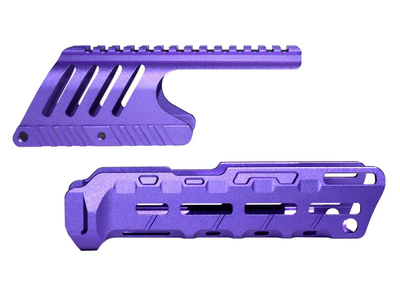 Presma Aftermarket Combo Set for Remington 870 12 gauge, purple aluminum saddle mount and forend with tactical design and ventilation slots.
