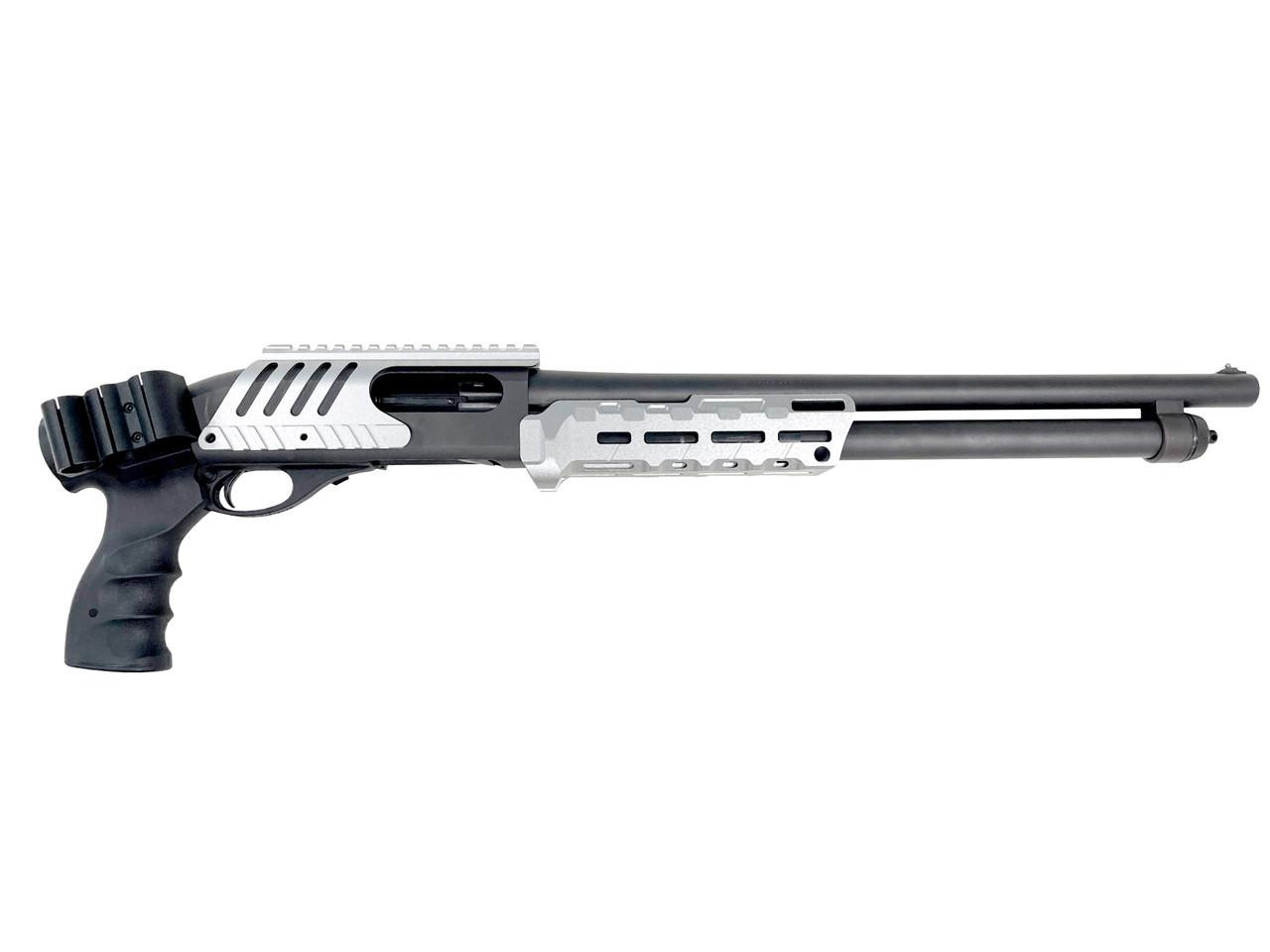 Presma Aftermarket Combo Set for Remington 870, Saddle Mount & Forend, Aluminum, Silver - Image of shotgun with modern saddle mount and forend, sleek design, and durable construction.