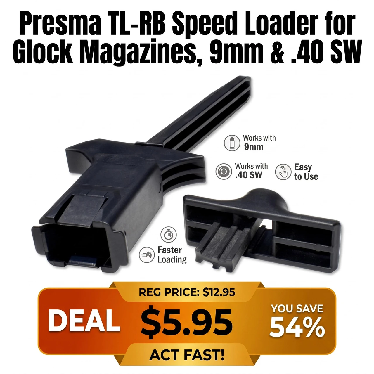 Presma TL-RB Speed Loader for Glock Magazines, black plastic tool with ergonomic design used for faster loading of 9mm and .40 SW magazines.