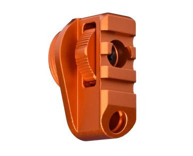 Presma Aluminum Bufferless Stock Adapter Picatinny Rail End Cap and QR Hole, Orange, close-up image of an orange aluminum firearm accessory with a Picatinny rail end cap design.