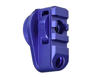 Presma Aluminum Bufferless Stock Adapter Picatinny Rail End Cap and QR Hole, Purple, close-up view of the purple aluminum stock adapter with ridges and holes for attachment and quick-release mechanism.