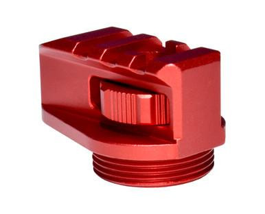 Presma Aluminum Bufferless Stock Adapter Picatinny Rail End Cap and QR Hole, Red, close-up of the red aluminum end cap with a textured adjustment knob and threaded base for firearm accessory installation.
