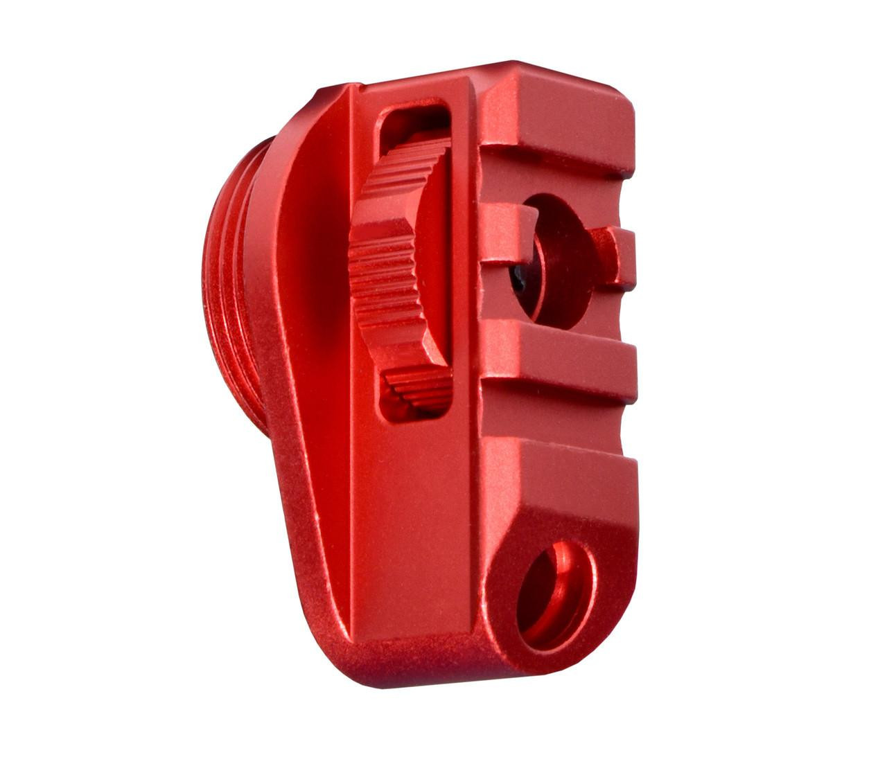 Presma Aluminum Bufferless Stock Adapter Picatinny Rail End Cap and QR Hole, Red [PSAP02-R], close-up view of a red anodized aluminum firearm accessory with a textured adjusting dial and mounting holes.