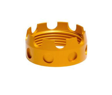 Presma Aluminum Castle Nut for .223/5.56/.308 Buffer Tube Receiver End Plates, Gold, shown as a yellow castle nut with a circular shape and notches on the top edge.