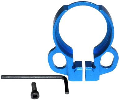 Presma Aluminum Receiver End Plate with Dual Sling Clip Type Adapters for .223/5.56/.308 Buffer Tubes, Dark Blue, close-up view showing the lightweight blue anodized aluminum end plate with dual sling clip adapters and mounting hardware.