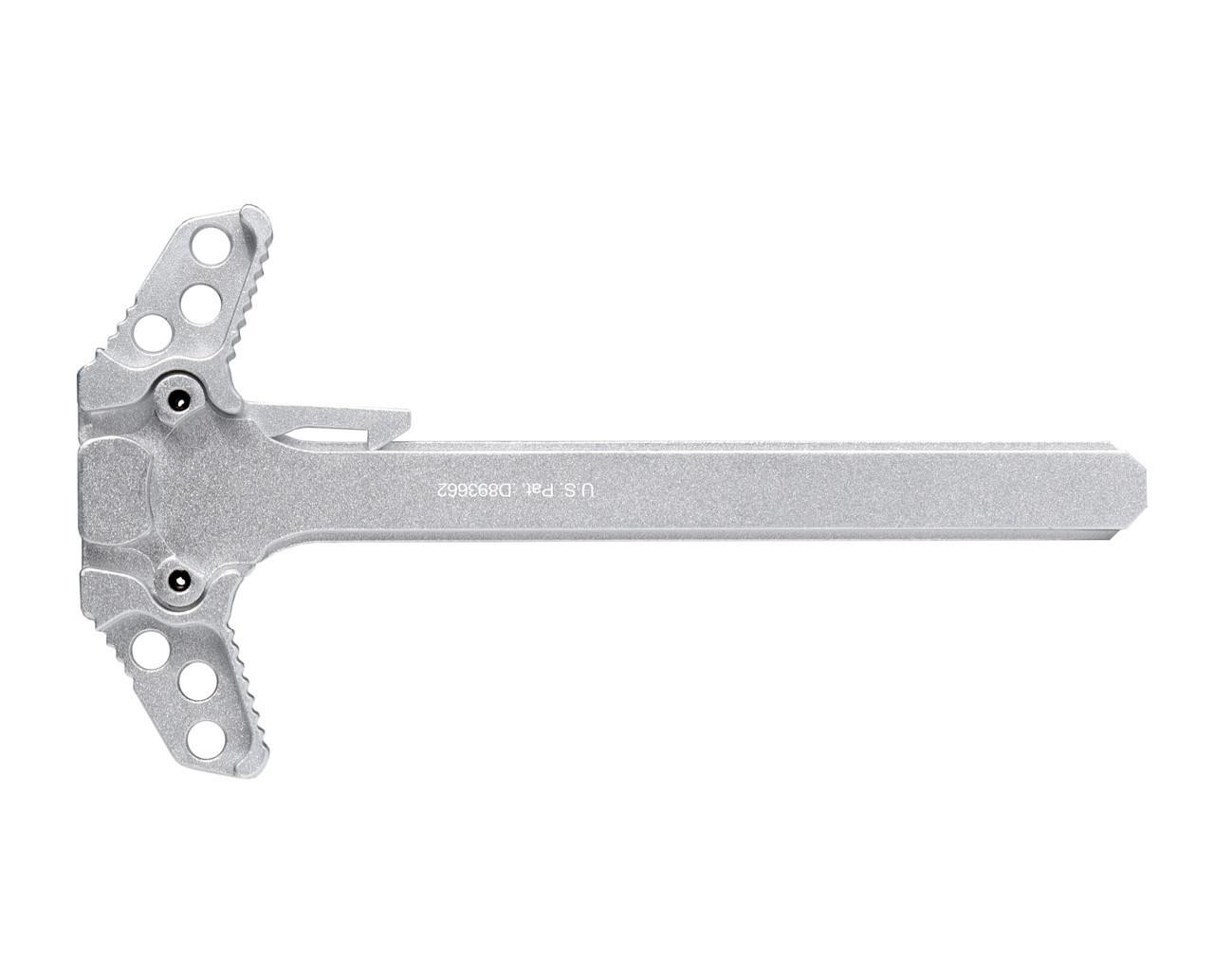 Presma Ambidextrous Charging Handle, Fits Smith & Wesson® M & P 15-22™, Silver, side view of firearm charging handle with textured and engraved details.