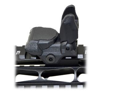 Presma AR Flip-Up Front Backup Sight, Polymer, Black [MFLFS03], close-up view of the black flip-up front backup sight mounted on a firearm rail.
