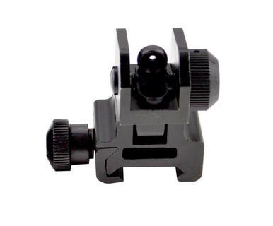 Presma AR Flip-up REAR Backup Sight, Aluminum, close-up view showing the flip-up design and mounting mechanism.
