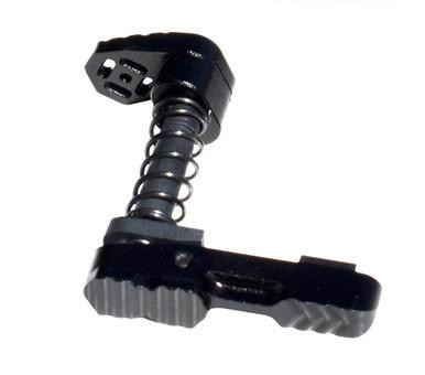 Presma AR-15 DPMS AR 308 Ambidextrous Extended Modular Magazine Release & Catch Button, Black, close-up of the black firearm accessory with a spring-loaded design.