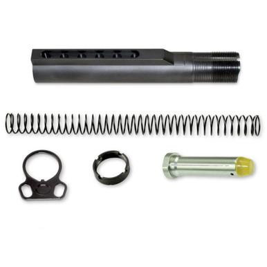 Presma AR-15 Mil Spec Buffer Tube Kit w/ Dual Sling End Plate, black buffer tube, metal spring, castle nut, and buffer assembly components for firearm customization.