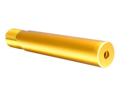 Presma AR-15 Pistol Buffer Tube, 7.3" with hole for QR Sling Adapter, Gold Anodized, cylindrical tubular firearm part with a smooth gold finish and a hole at one end.