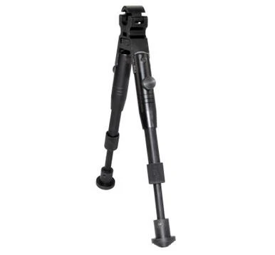 Presma Barrel Clamp Bipod, Aluminum, Folding Fits 0.45" to 0.750" Barrels, Height Adjustable 7" to 8.25" (BP04), image showing a black, foldable bipod with adjustable height and barrel clamp features.