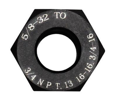 Presma Barrel Muzzle Thread Adapter/Converter 5/8-32 RH to 3/4 NPT / 13/16x16 / 3/4x16, black threaded adapter with engraved size markings.