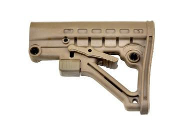 Presma Commercial Adjustable AR Stock - TAN, tactical tan adjustable stock with mounting mechanism and ergonomic design for firearm customization.