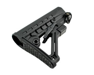 Presma Commercial Adjustable Stock w/ QR Sling Adapter, Black, tactical adjustable rifle stock with QR sling mount and ergonomic design for firearm stabilization and customization.