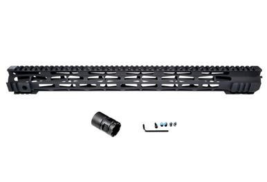 Presma DPMS .308 M-LOK Series Slim Free Float Handguards, 19.5" Low Profile, image of a black elongated firearm handguard with M-LOK slots and mounting accessories.