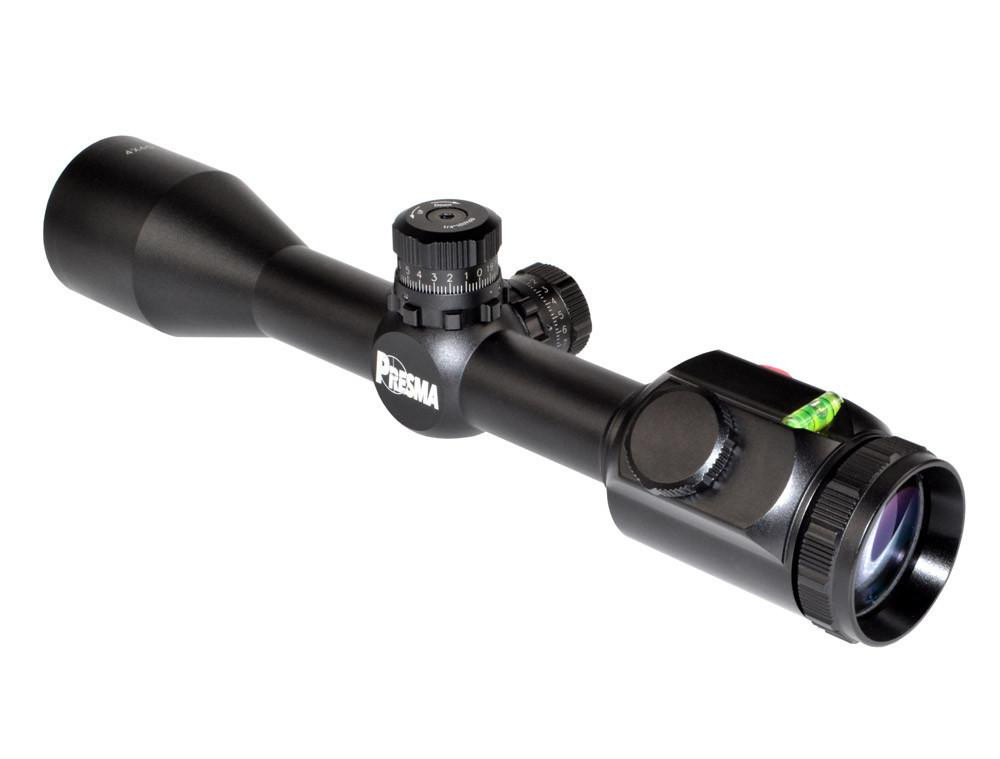 Presma EX Professional Series 4X40 Precision Scope, RGB RXR Reticle, black firearm scope with adjustment knobs and a bubble level