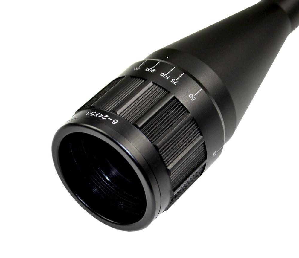 Presma EX6-24X50AOL EX Series Professional 6-24X50 Precision Scope AO, RGB RXR Reticle, black rifle scope with adjustment knobs and reticle markings.
