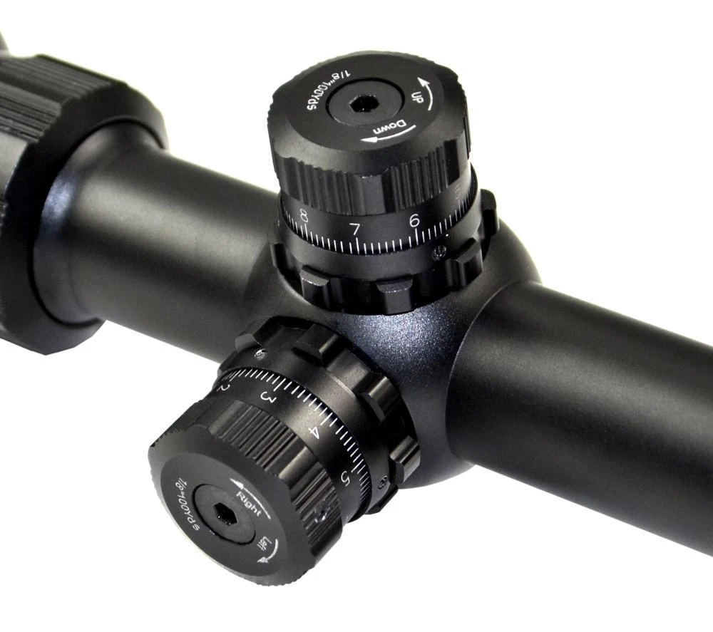 Presma EX6-24X50AOL EX Series Professional 6-24X50 Precision Scope AO, RGB RXR Reticle, close-up view of the adjustable turrets and magnification rings on the rifle scope.