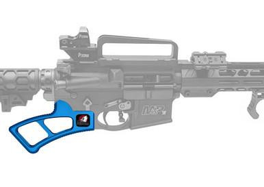 Presma Featureless Skeletonized Rear Pistol Grip, Blue [GP32-BL], blue skeletonized pistol grip attached to a rifle.