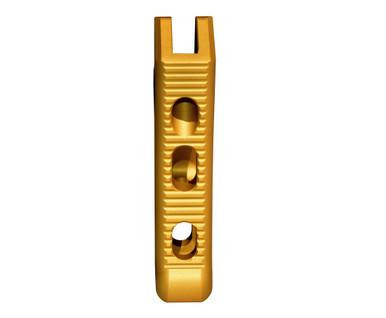 Presma Featureless Skeletonized Rear Pistol Grip, Gold, image of a sleek gold gun accessory with a skeletal design and three large cutouts for improved grip.