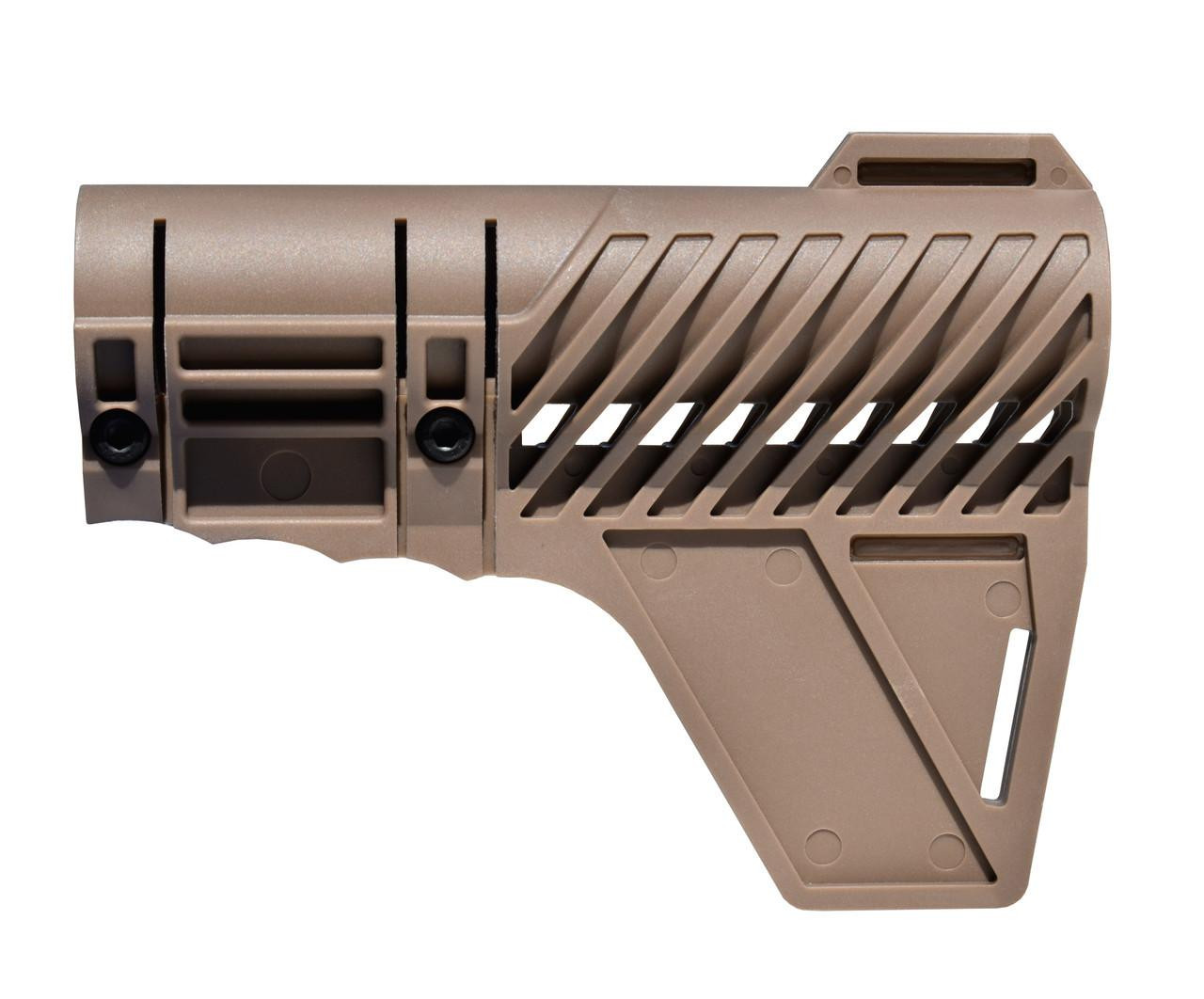Presma Fixed Polymer Fixed Stock, tan color, designed for AR pistol buffer tubes, featuring a sturdy construction with ventilation slots and adjustable features for a customizable fit.