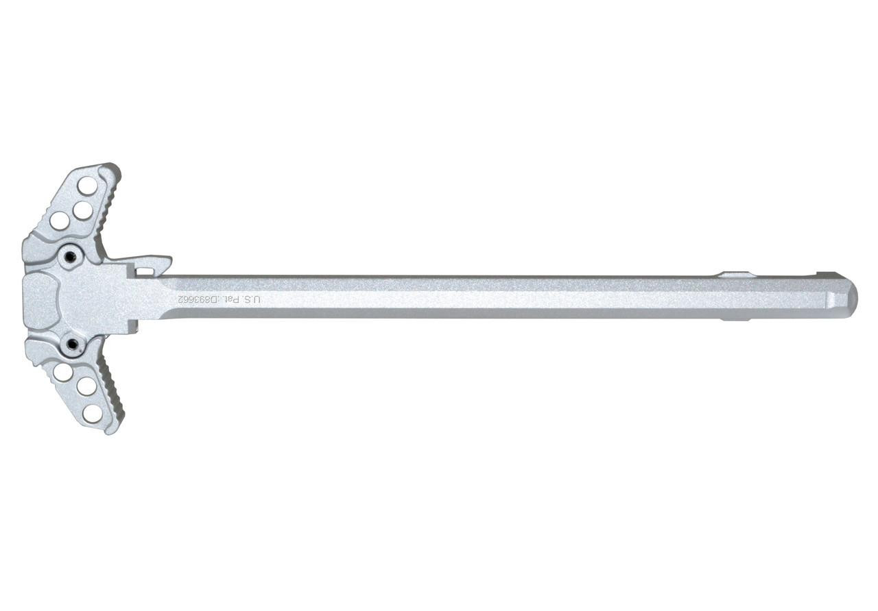 Presma Inc Ambidextrous AR-10 LR 308 Charging Handle, Silver, [CH3802-S], image of a silver AR-10 LR 308 charging handle with an ambidextrous design on a plain white background.