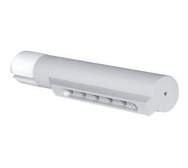 Presma Mil-Spec 6 Position Buffer Tube, Silver, cylindrical metal firearm buffer tube with six adjustment slots and a knurled end cap for firearm assembly.