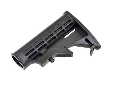 Presma Mil-Spec Adjustable Stock w/ Sling Adapter, Black, close-up of the military-style adjustable rifle stock with a textured surface and sling attachment point.