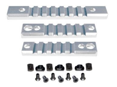 Presma M-LOK to Picatinny Adapter Rail Kit, Silver, featuring two 5-slot and one 7-slot rails with black mounting hardware and screws.