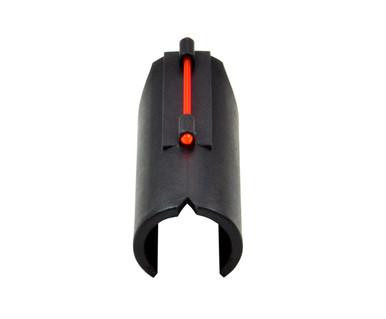 Presma Shotgun Snap-on RED Fiber Optic Front Sight [MBFRS], black plastic shotgun front sight with a red fiber optic insert and mounting clamp.