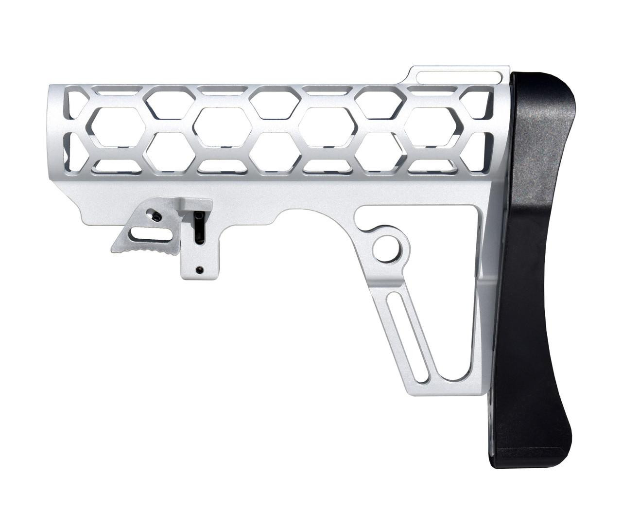Presma Skeletonized 223/5.56/308 Buttstock for 6 Position Mil-Spec Tube, Silver Anodized Aluminum, with Pad, showing the lightweight hexagonal cutout design and ergonomic black rubber buttpad.