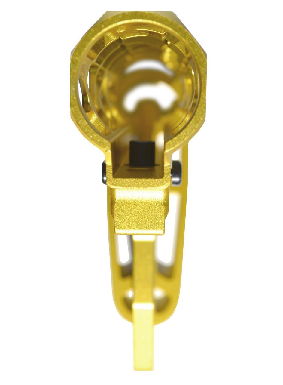 Presma Skeletonized 223/5.56/308 Mil Spec Buttstock, Gold color Anodized Aluminum, top view of the gold-colored skeletonized firearm buttstock showcasing its detailed design and metallic finish.