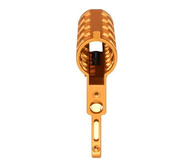 Presma Skeletonized 223/5.56/308 Stock for Mil-Spec Tube, CA Legal Fixed Stock, 6 Position, Orange Anodized Aluminum, front view of the skeletonized design showing the orange anodized aluminum material.