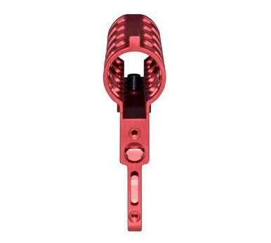 Presma Skeletonized 223/5.56/308 Stock for Mil-Spec Tube, CA Legal Fixed Stock, 6 Position, Red Anodized Aluminum, image showing the skeletonized stock with a red anodized finish and adjustable features.