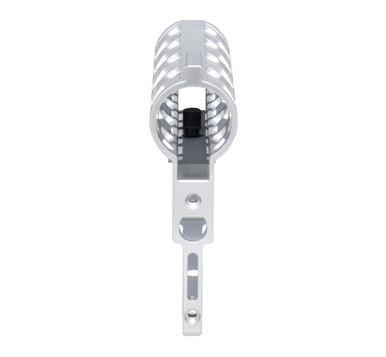 Presma Skeletonized 223/5.56/308 Stock for Mil-Spec Tube, CA Legal Fixed Stock, 6 Position, Silver Anodized Aluminum, front view showing hollow skeleton design and adjustment lever.