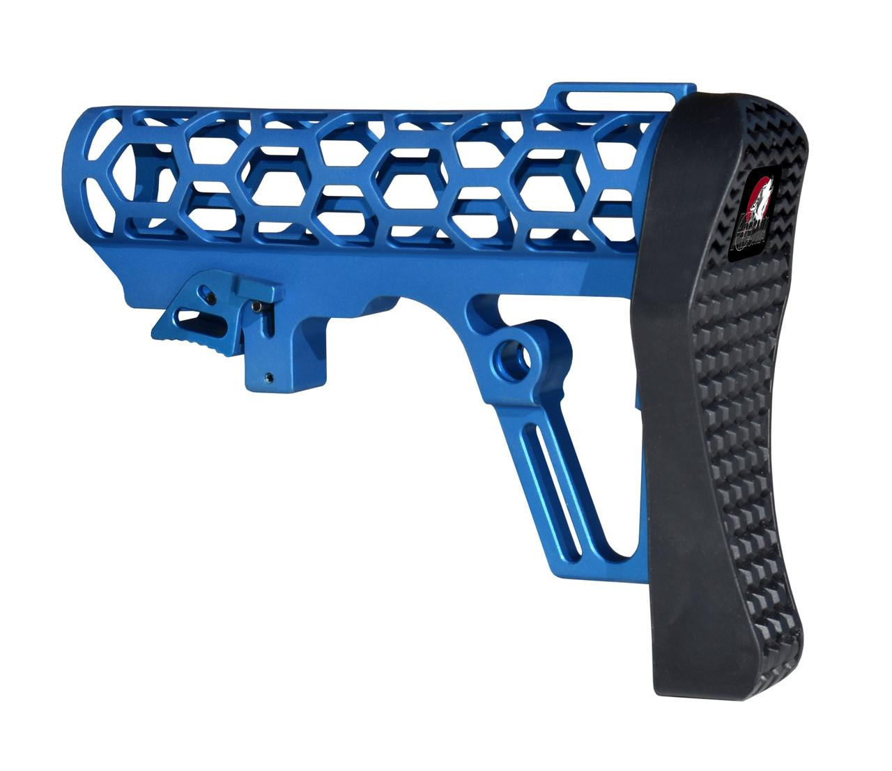 Presma Skeletonized Mil-Spec Stock Assembly - Blue, lightweight and skeletonized firearm stock with a modern design and black rubber butt pad.
