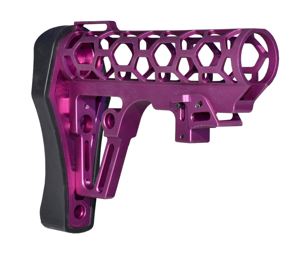 Presma Skeletonized Mil-Spec Stock Assembly - Purple, lightweight and skeletonized rifle stock with purple anodized finish and a black rubber butt pad for enhanced stability and durability.