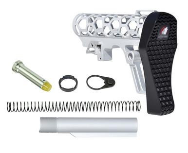 Presma Skeletonized Mil-Spec Stock Assembly - Silver, gun stock with skeletonized design, black rubberized butt pad, and included components like a tube, spring, and small parts.