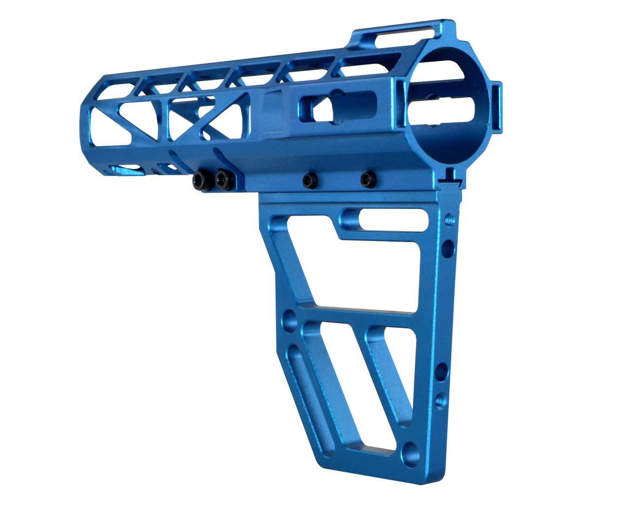 Presma Skeletonized Pistol Arm Brace, Dark Blue Anodized Aluminum, with a lightweight skeletal design and adjustable features for improved control and stability.