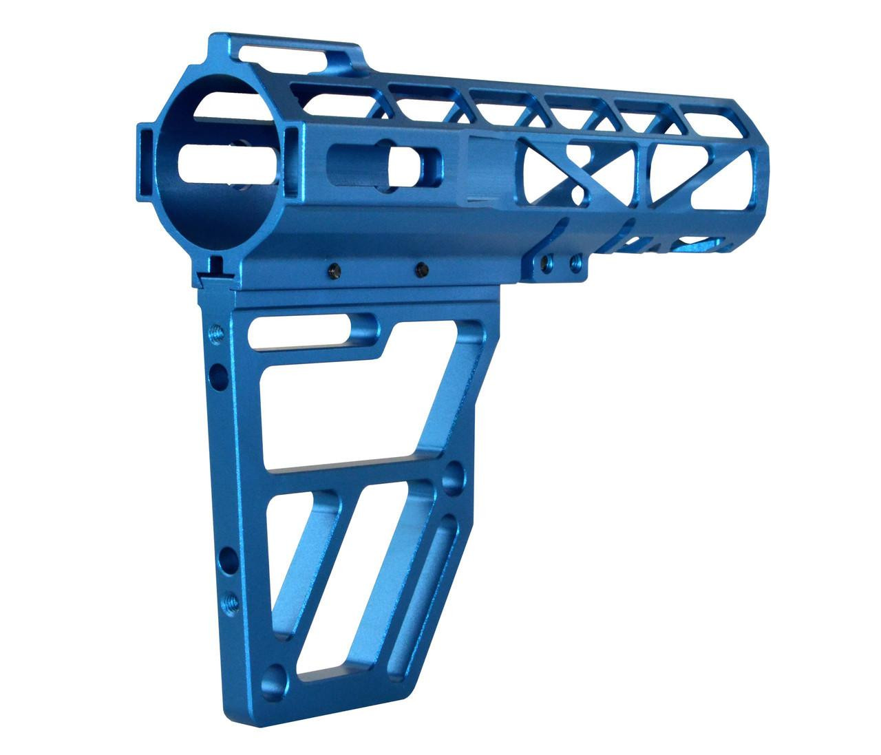 Presma Skeletonized Pistol Arm Brace, Dark Blue Anodized Aluminum, shown from a side angle highlighting its skeletonized design and construction.