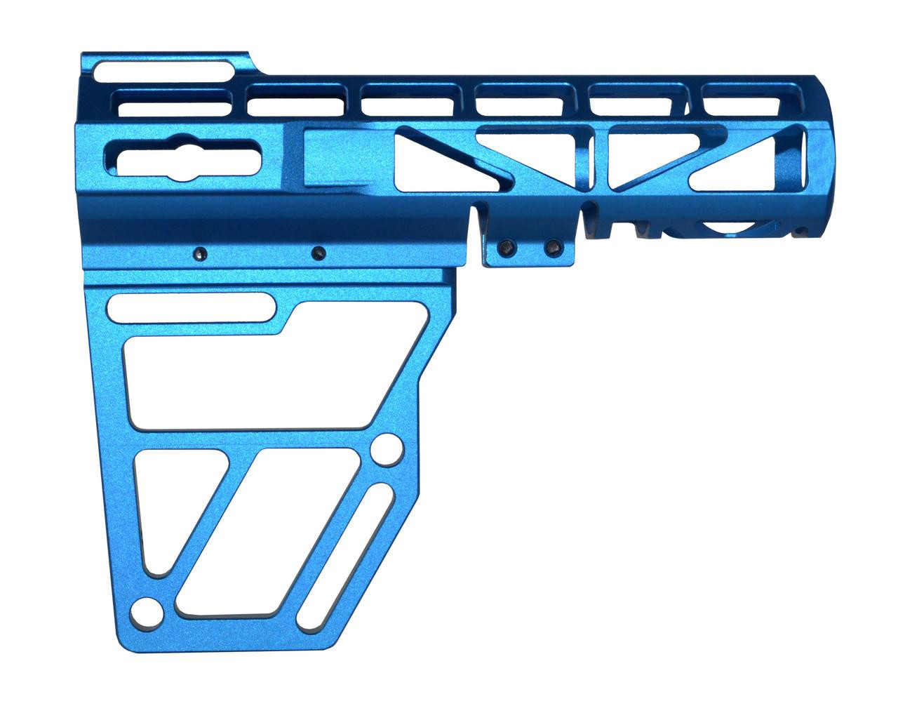 Presma Skeletonized Pistol Arm Brace, Dark Blue Anodized Aluminum with intricate cutout design for lightweight durability