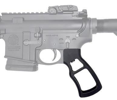 Presma Skeletonized Rear Pistol Grip, Black [GP30], close-up view of a black skeletonized pistol grip attached to a firearm.