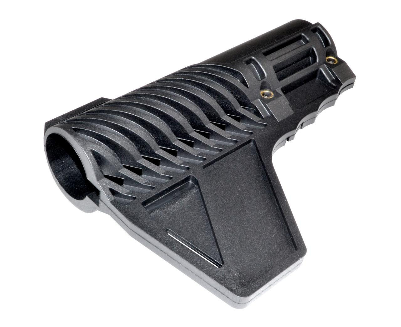 Presma Stabilizing Fin for Pistol Buffer Tube Black, a black tactical stabilizer fin for pistol buffer tubes with a ribbed design and attachment brackets.